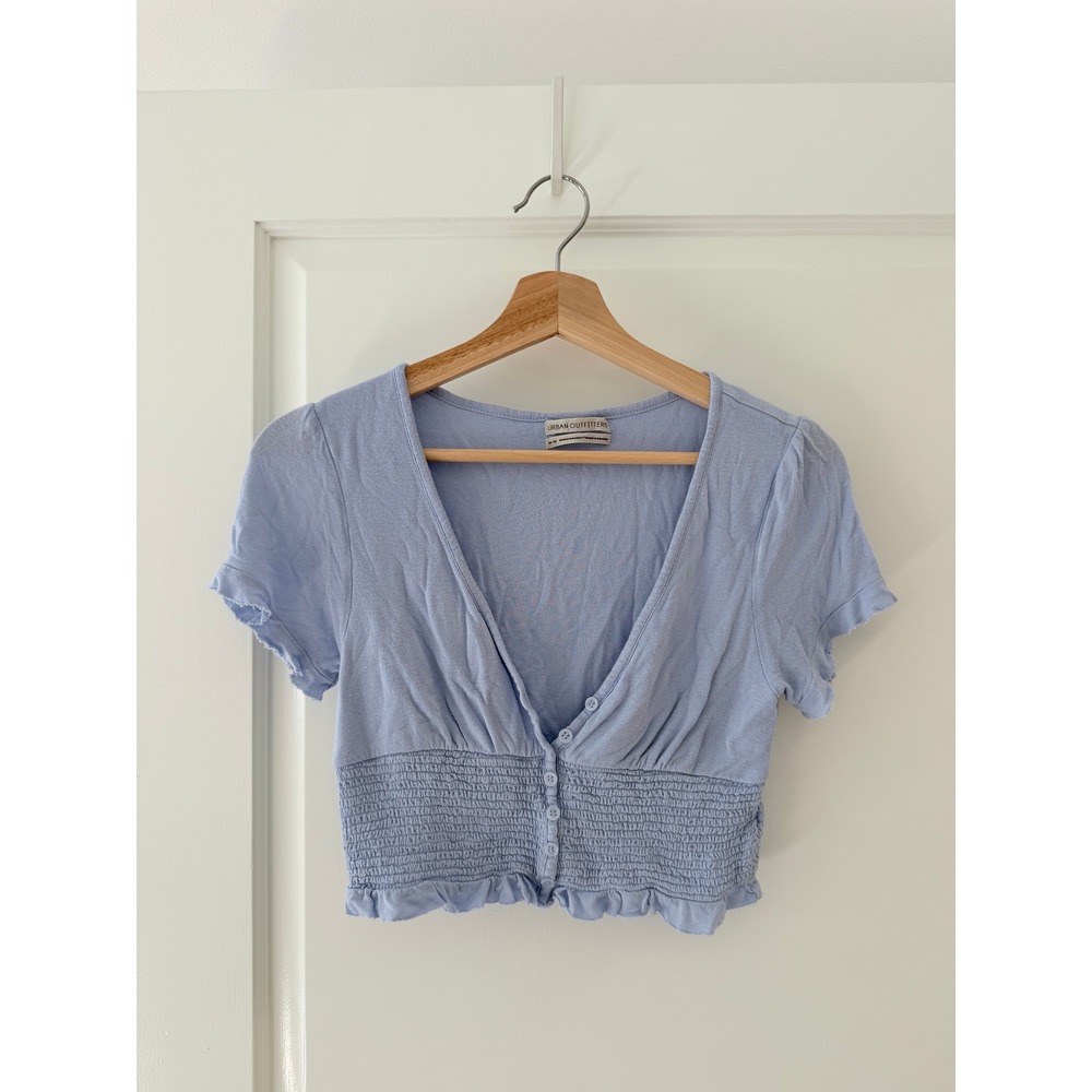 Urban Outfitters‎ Light Blue Smocked Button Front V-Neck Crop Top Medium